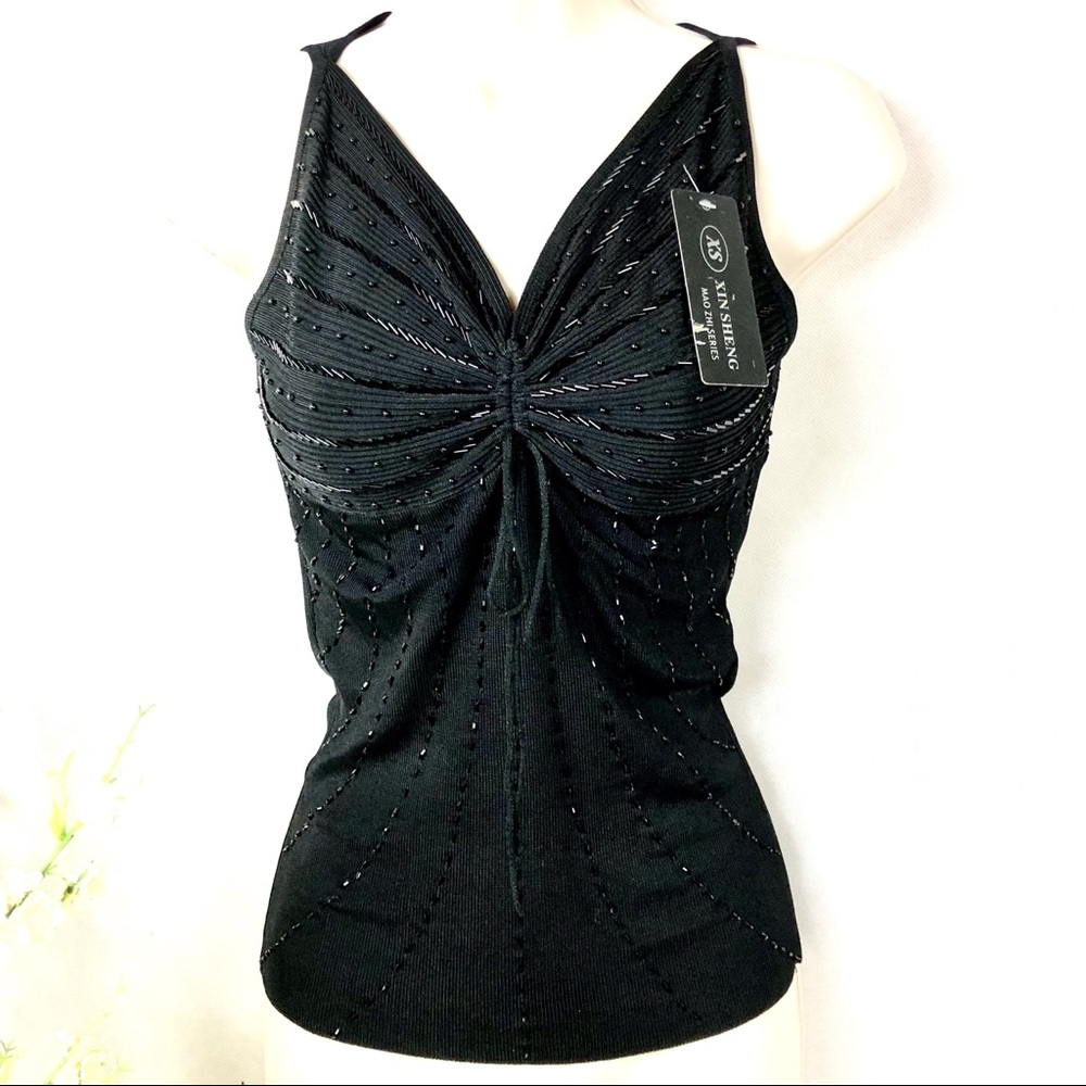 XIN SHENG Black Beaded V-Neck Stretch Top Blouse